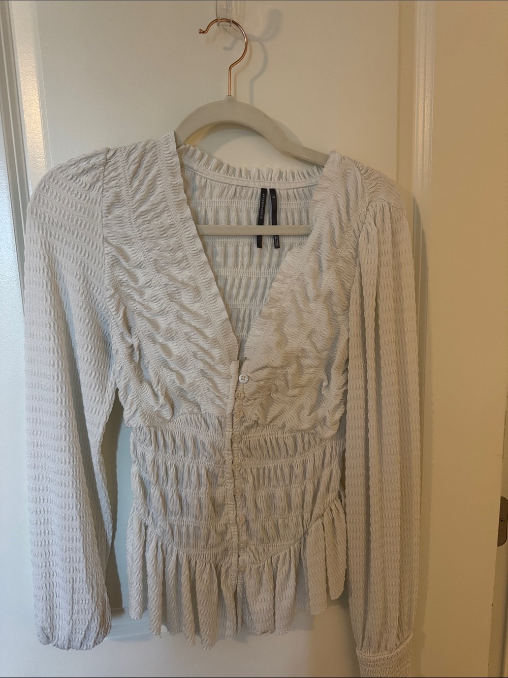 Anthropologie White Textured Button-Front Peplum Blouse